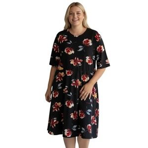 Black Floral Print Midi‎ Dress 3/4 Sleeve Mock Neck Women's Size 4XL